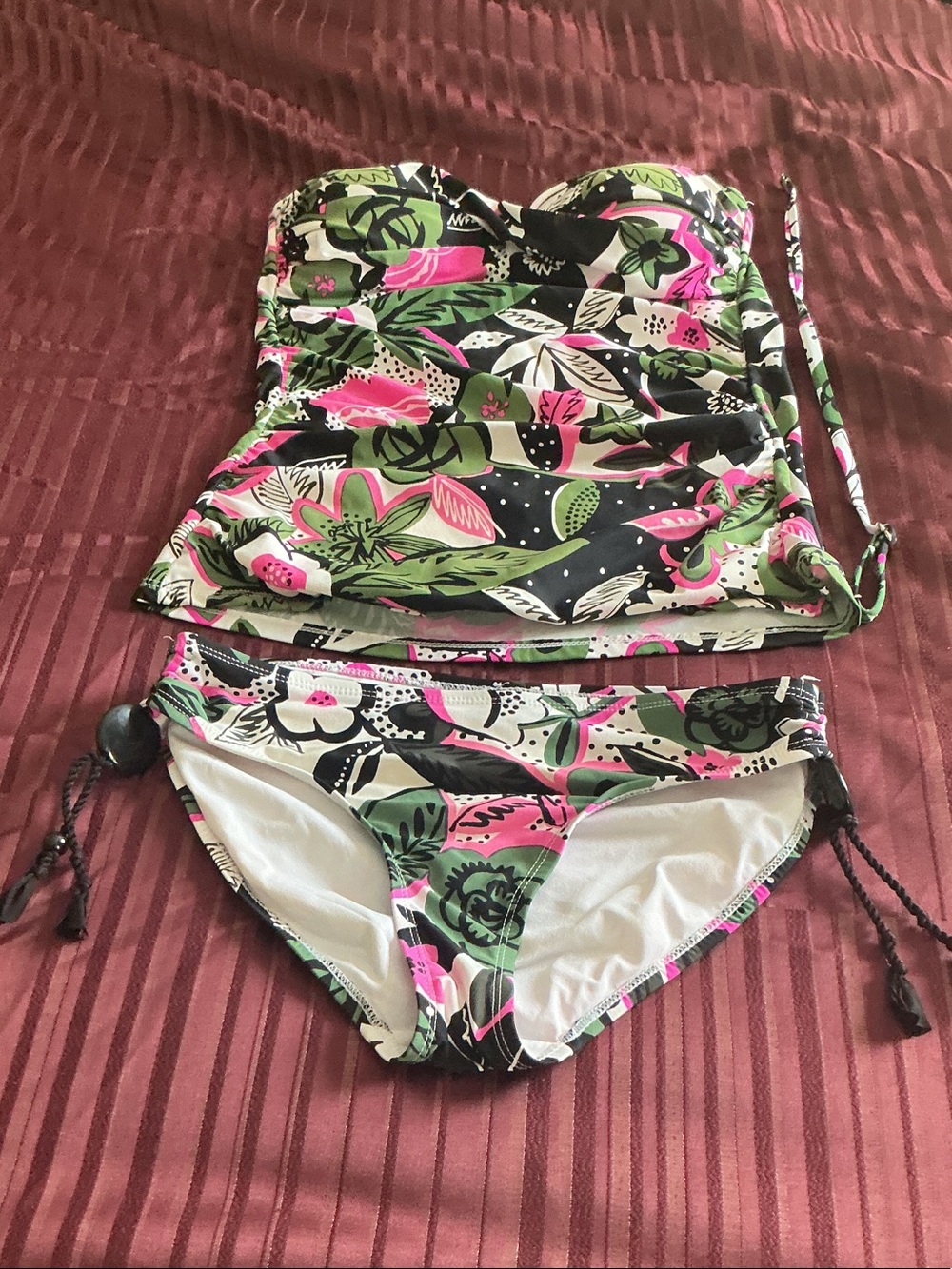 Anne Cole Black Floral Tankini Set with Pink and Green Accents